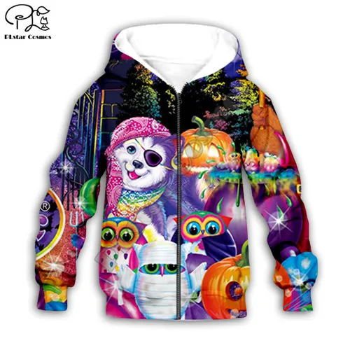Kids hoodies Kid sets 3D Lisa Frank print cartoon hoodie Happy Halloween costume owl Dog children Sweatshirt zipper coat boy girl - Цвет: Kids hoodies