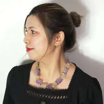 

Lii Ji Gemstone Natural Baroque Shape Amethyst Lemon Quartz Raw Stone Necklace 50cm Jade Clasp Necklace Healing Power Jewelry