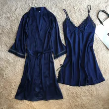 FZSLCYIYI,, 2 шт., искусственный шелк, женский халат, набор, сексуальные кружевные ночные рубашки, женская одежда для сна, женские пижамы, Халат