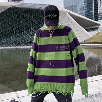 

Striped Color Block Men's Sweater Loose Large Size Personality Hole Hem Sweater Pullover Plus Size Designer Christmas Clothes