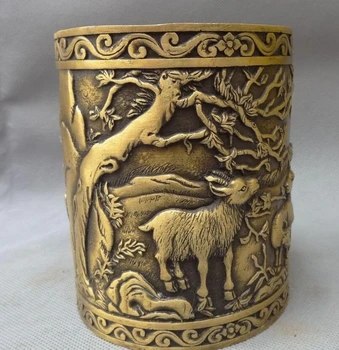 

Elegant old S4736 China Bronze San Yang Kai Tai 3 Sheep Animal Statue Pencil Vase Pot Brush Barrel (A 0319 discount 35%)
