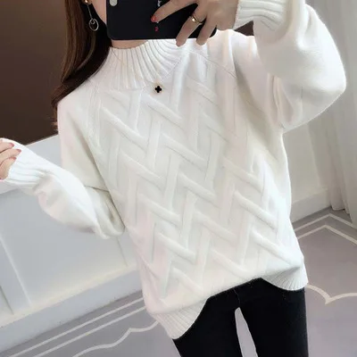 turtleneck knitted sweater pull femme hiver sueter mujer invierno pullover women tricot femme white black winter clothes - Цвет: Белый