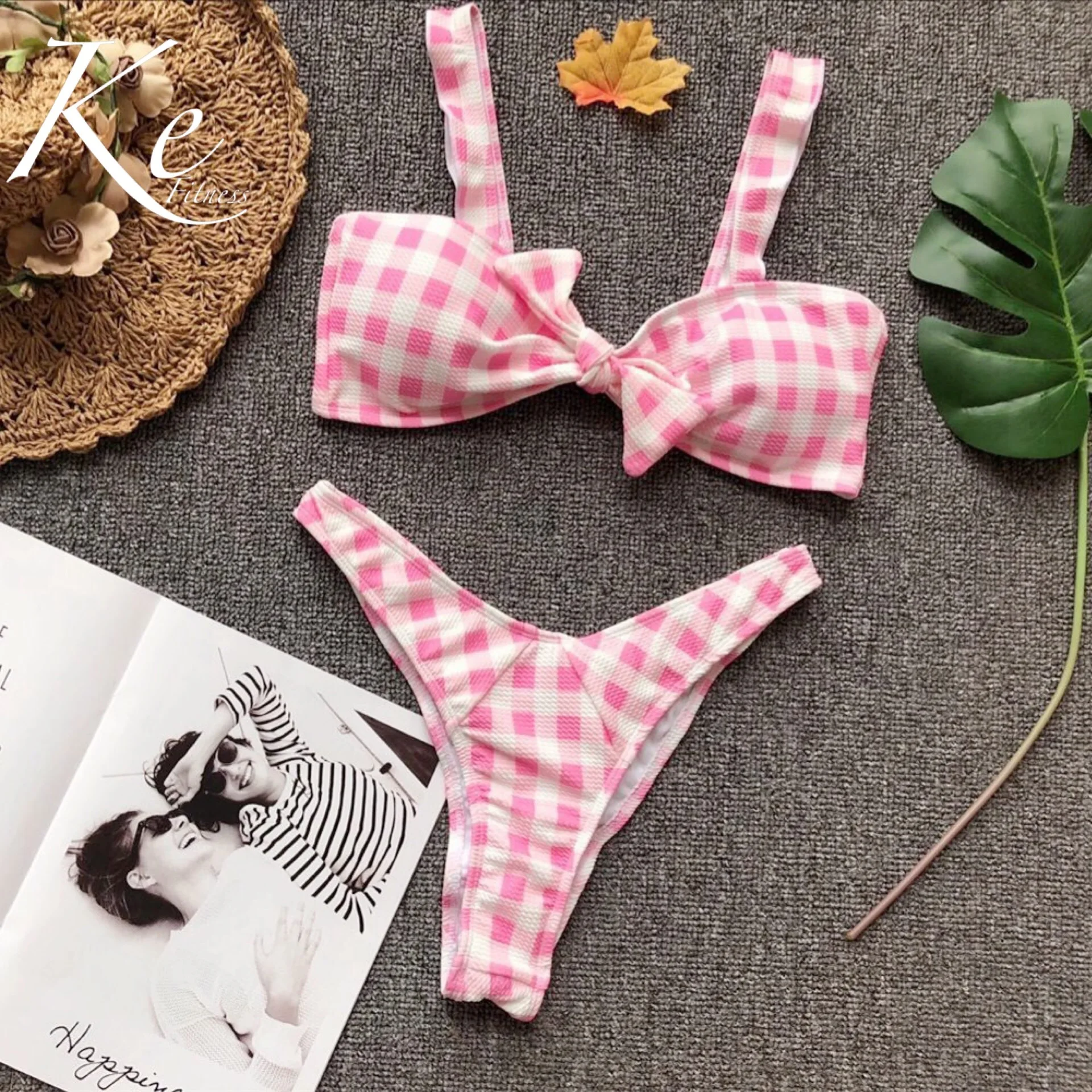 KE клетчатый раздельный купальник с бантом Ms. Stripe bikini pin up lady купальник женский тренд Высокая талия с подушечкой без стали