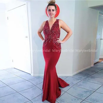 

Burgundy V-neck Evening Dress Mermaid Style Appliques Beading Backless Prom Dress 2020 New Simple Long Dress For Evening Party