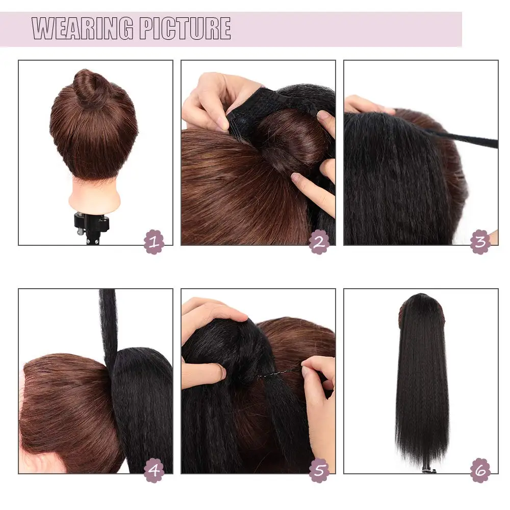 XINRAN Synthetic Yaki Ponytail Extension for Women Wrap Around Kinky Straight Ponytail Clip in Magic Paste Hairpiece 24 Inch