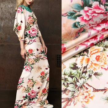 

118CM Wide 19MM 93% Silk & 7% Spandex Peony Floral Print Stretch Silk Satin Fabric for Dress Cheongsam Shirt Jacket D1087