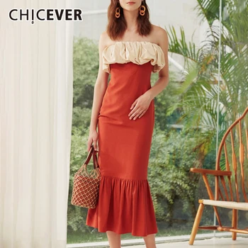 

CHICEVER Elegant Patchwork Hit Color Dresses Female Sleeveless Slash Neck Off Shoulder Slim Midi Dress For Women 2020 Autumn New