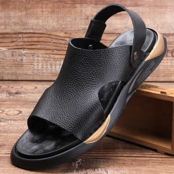 

Vintage Summer New Men's Genuine Leather Sandals Breathable Open Toe Comfortable Beach Shoes Elastic Band Sewing Slippers
