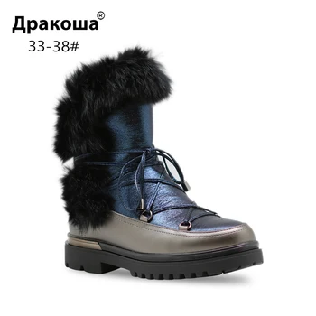 

Apakowa Girls Winter Real Fur Lace-up Snow Boots Kids Midcalf Woolen Lined Waterproof Thermal Warm Leather Slouch Walking Boots
