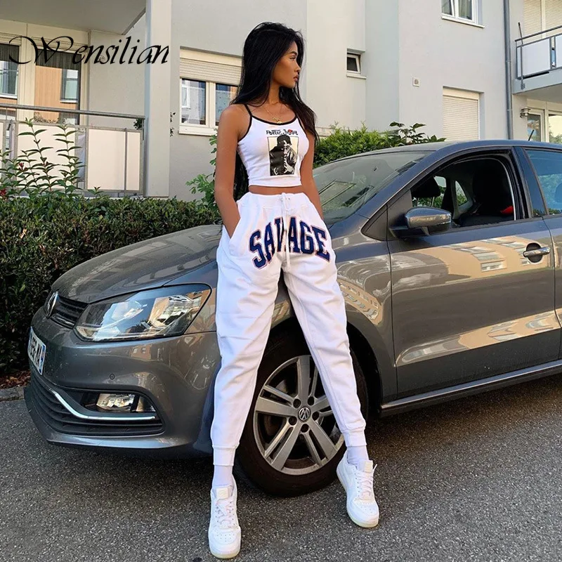 Loose Trousers Sweat-Pants Streetwear Hip-Hop Women Joggers White High-Waist Letter Summer