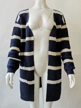 

2020 Autumn And Winter New European And American women's Sweater Explosion Models Long Double Pocket Striped Cardigan 66674