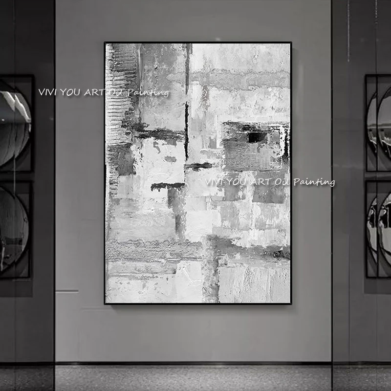 

Best Art Hand Painted Gray Oil Paintings on Canvas White Abstract Painting Wall Picture for Living Room Home Decor Art No Framed