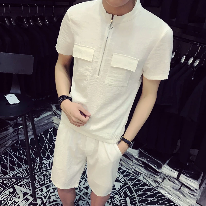 Summer Men Fashion Men Sets High Quality T-Shirt Casual Breathable Short-Sleeve T-Shirt+ Shorts - Цвет: White