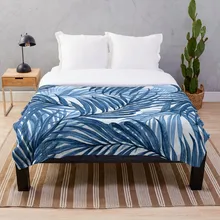 Vintage hojas de palma azul sobre blanco manta suave Sherpa manta de cama de una sola rodilla manta para siesta Oficina