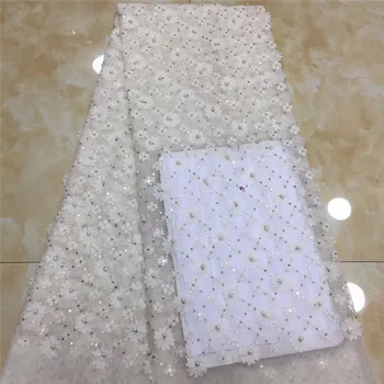 

2019 Latest beads French African white Milk Silk Lace Fabric With Sequins High Quality African Tulle Lace Fabric For Wedding