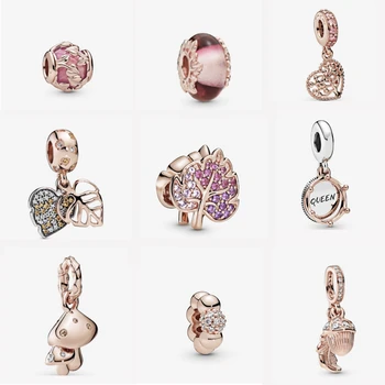 

Genuine 100% 925 Sterling Silver Beads Pink Decorative Leaves Dangle Charms fit Original Pan's Bracelets Women DIY Jewelry