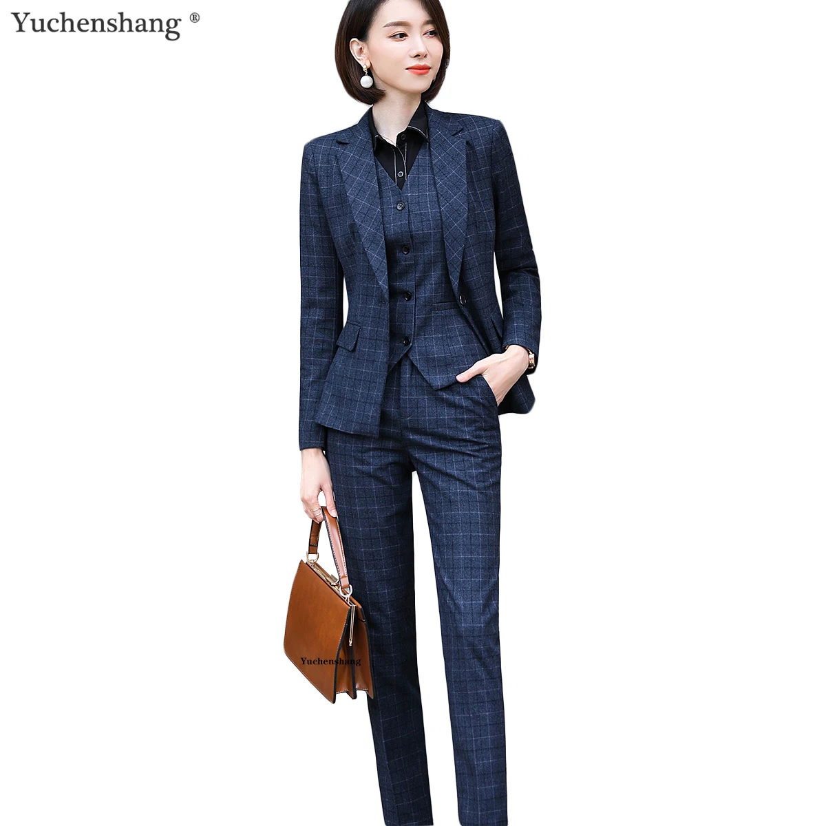 Gray Plaid Blazer Vest And Pant 3 Piece Women Pant Suit Uniform Designs S5xl For Office Lady