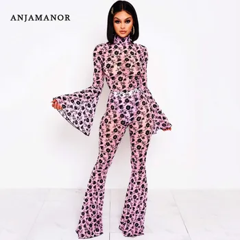 

ANJAMANOR Floral Print Pink Sexy Two Piece Set Party Club Outfits Bodysuit Bell Bottom Pants 2pcs Women Clothing 2020 D42-AD30