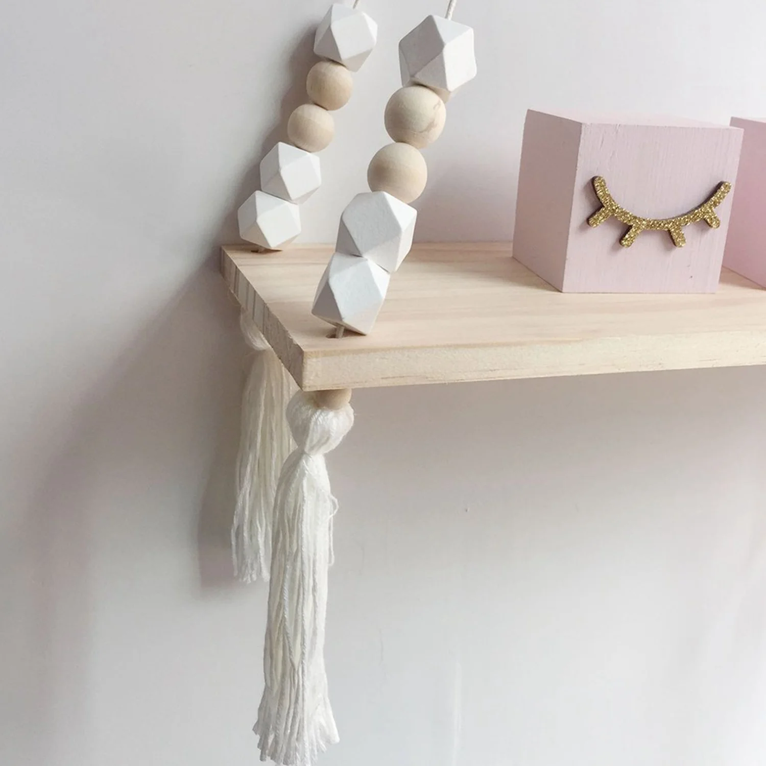 Wood Hanging Wall Shelf, Princess Style Tassel Beads Decoration Storage Display Stand For Women Girls Kids Bedroom Decor