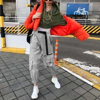 

Cotton High Waist Cargo Pants 2019 Spring Khaki Female Trousers
