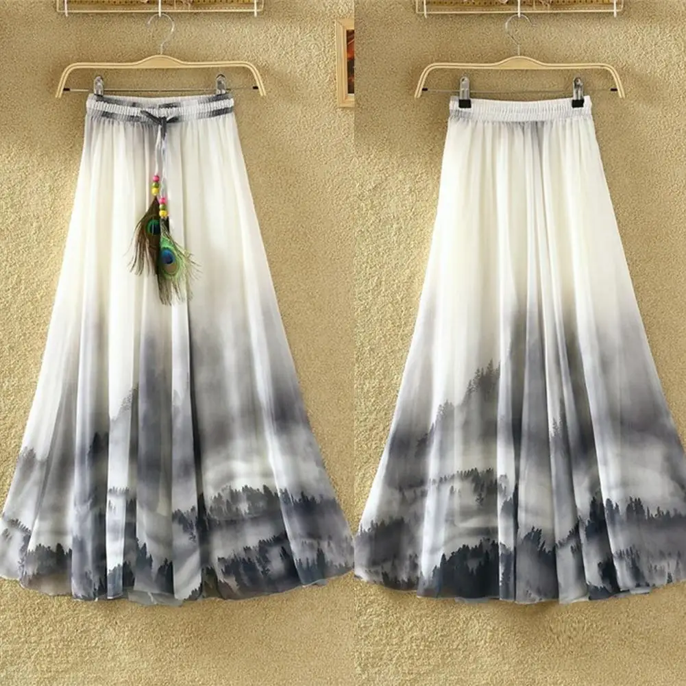 HOT SALES！！！New Arrival Summer Beach Bohemian Women Chiffon Flower Print Drawstring Maxi Long Skirt Wholesale Dropshipping