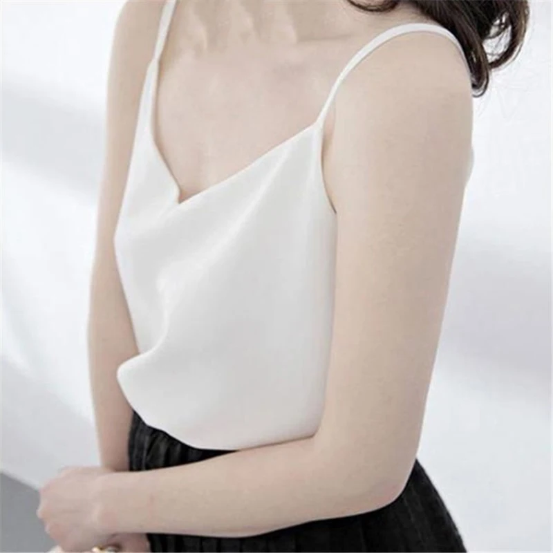 

Fashion Chiffon Tank Top Women Summer Loose Top Ladies Spaghetti Strap Sleeveless V Neck Shirt Top Female Camisole Black