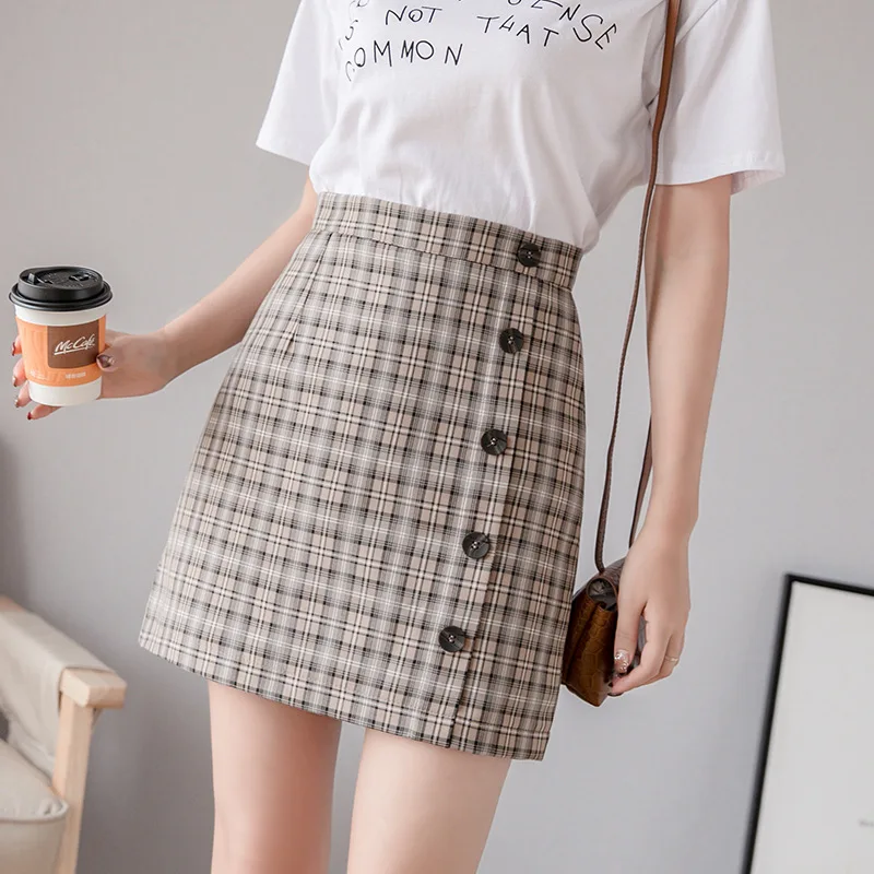 

2019 Summer Wear New Style Korean-style Plaid Skirt A- line Skirt Anti-Exposure Skirt High-waisted Slimming Single Breasted Shor