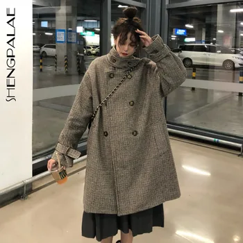 

SHENGPALAE 2020 New Fashion Autumn Winter Overcoat Women Lapel Plaid Loose Casual High Street Double Breasted Coat Female A455