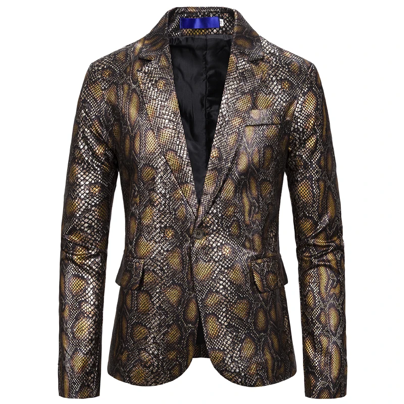 Модная мужская куртка на одной пуговице с длинным рукавом; сезон осень-весна; светильник из змеиной кожи; Блейзер; уличная одежда для диджея; куртки для больших и высоких