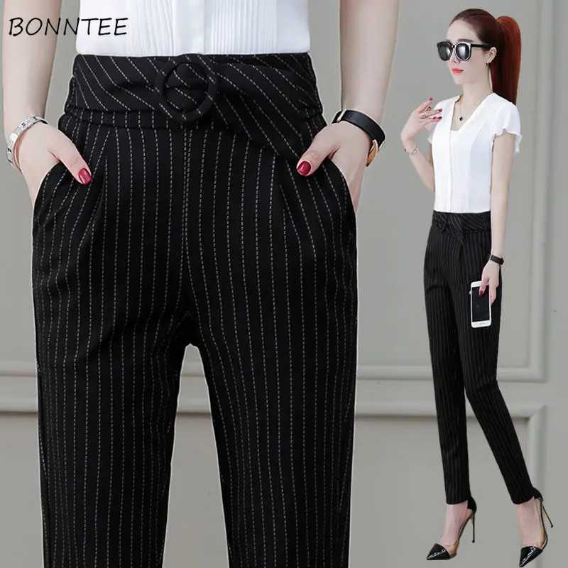 Casual Pants Women Simple Black Striped Elegant Office Lady Trouser High Waist Oversize Summer New Fashion Business Femme Capris Casual Pants Women Simple Black Striped Elegant Office Lady Trouser High Waist Oversize Summer New Fashion Business Femme Capris
