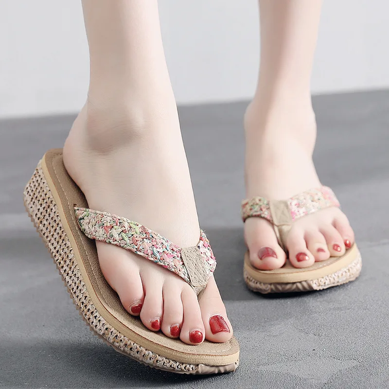 

5cm High Heel Women's Summer New Wedge Sandals Slip-on Wear Thick Bottom Seaside Non-slip Beach Shoes Middle Heel Flip-flops