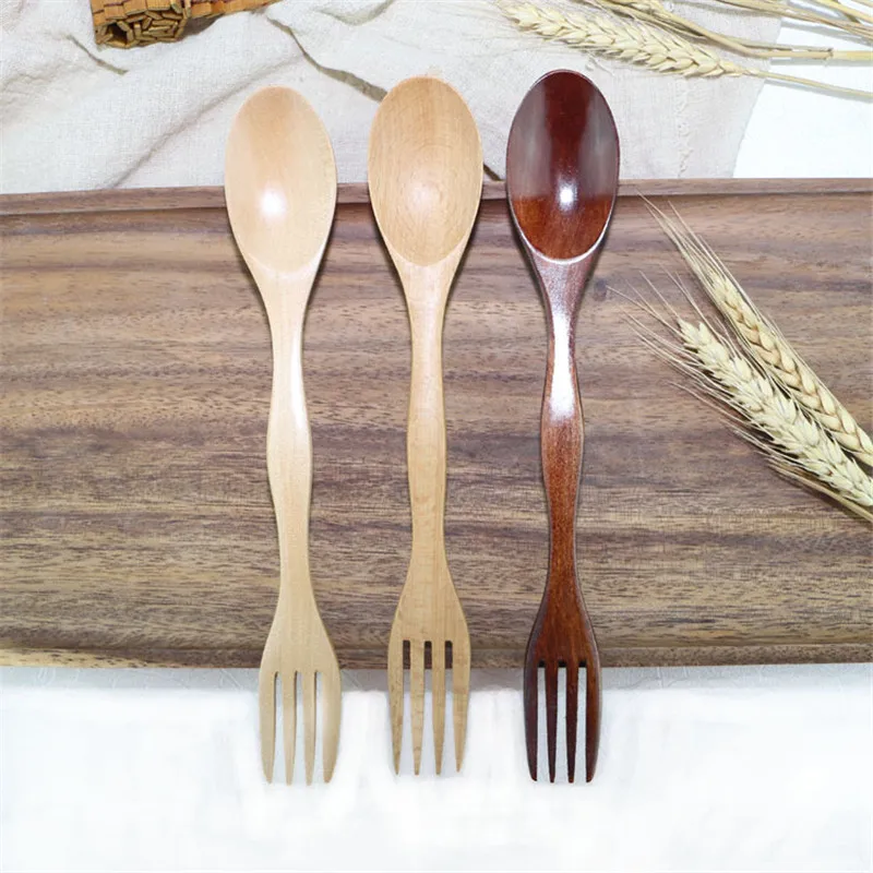 

2 in1 Natural Wood Cutlery Dual Head Soup Spoon Fork Dinner Tableware Set DIY Kitchen Accessories Dining Utensil