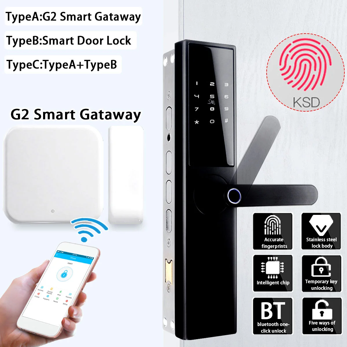 

Intelligent Electronic Wifi Door Lock Smart Fingerprint Door Lock With bluetooth Card APP Key Unlocking 5 Ways +G2 Smart Gateway