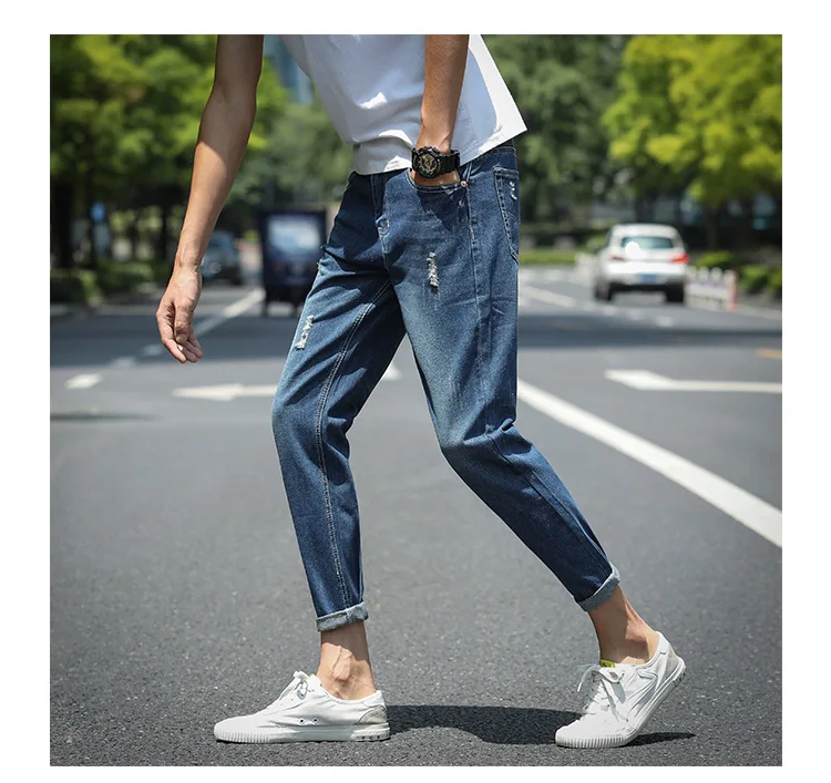 Весенние и летние тонкие капри мужские с дырками джинсы корейский стиль Slim Fit Trend эластичность 9 точек обтягивающие брюки