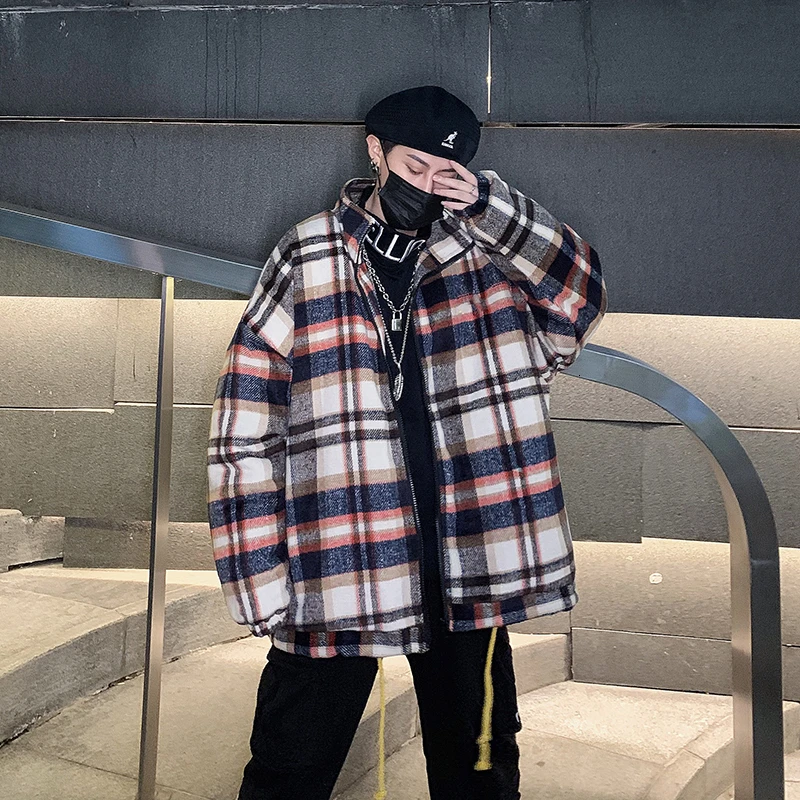 

Winter New Stitching Casual Loose Retro Plaid Trend Fashion Pure Temperament Stand Collar Men's Cotton Clothes Homme