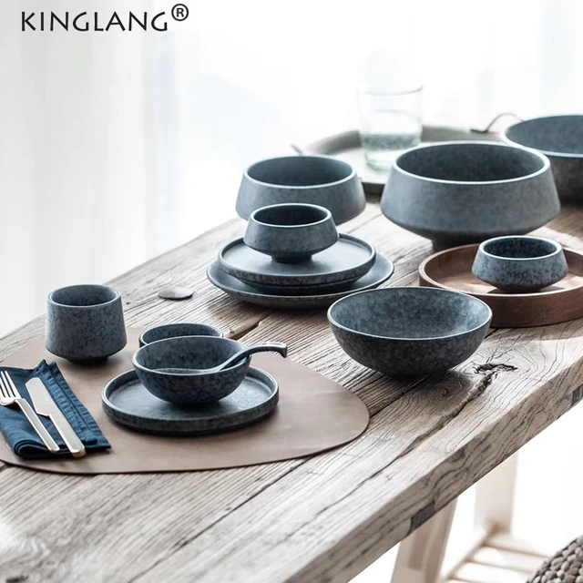 KINGLANG 1PCS Grey Ceramic Bowl Rice Plate Dish Cup Nordic Western Style Ceramic Tableware Set Marble Gray Porcelain Dishes 1
