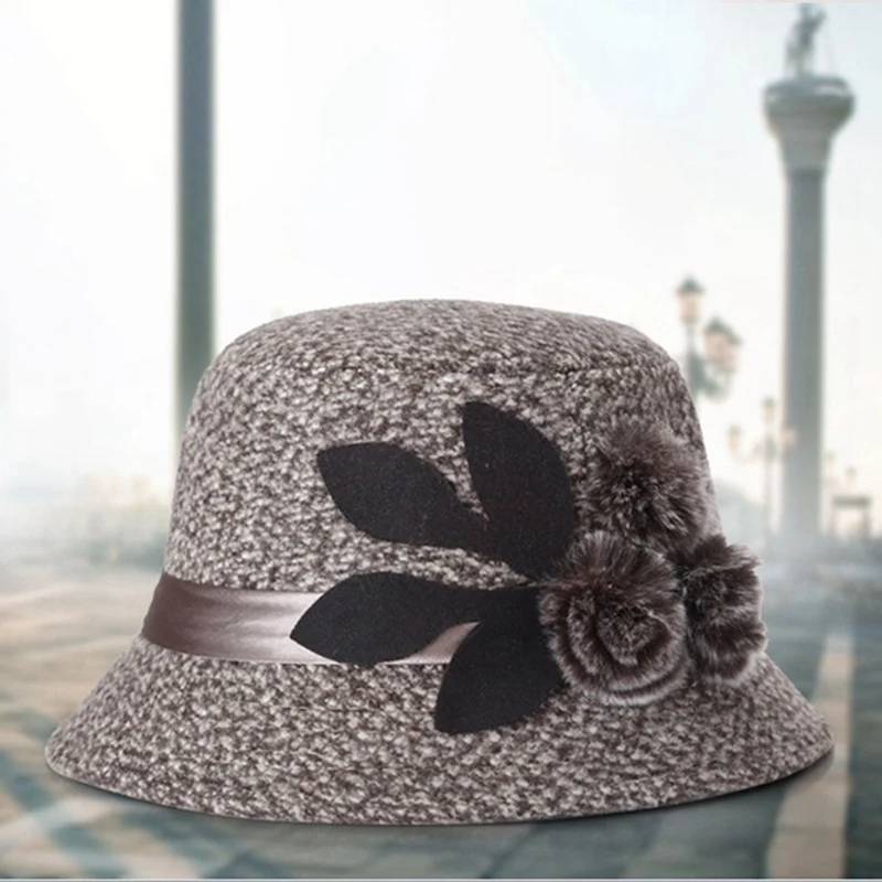 Новая женская шляпа Fedora, Женская шерстяная купольная шапка для девочек, осенне-зимняя шерстяная шапка с цветком, шерстяная купольная шапка
