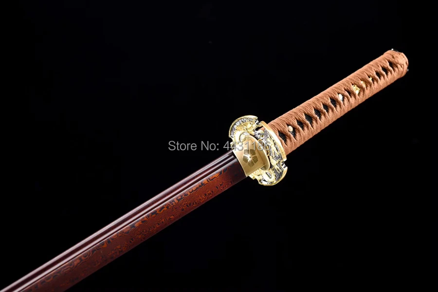 Handmade Samurai Straight Knife Saber Red Damascus Folded Steel Blade Sharp Japanese Ninja Dao Sword Katana