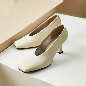 

Brand Shoes Thin Heel Ladies Pumps Genuine Leather Square Toe Colorful High Heels Party Handmade Shoes Women