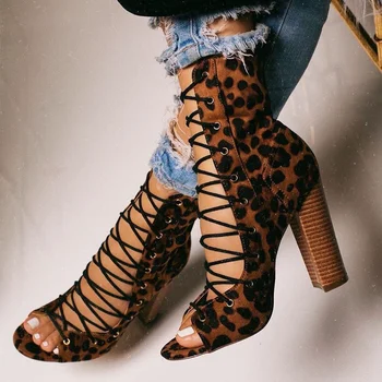 

MeiLiKeLin Big size Open Lace-up Boots Faux Suede Leopard Brown High Heel Ankle Knight Boots Women Spring Shoes Thick Heels 2020
