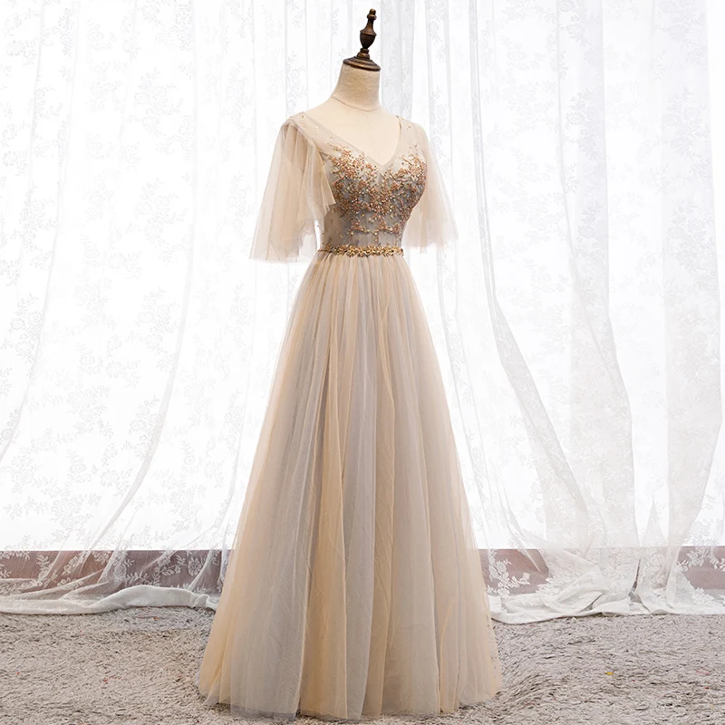 Vestidos De Gala, ТРАПЕЦИЕВИДНОЕ ПЛАТЬЕ цвета шампанского для выпускного вечера, длинное платье, кружевное с аппликацией из бусин, платье для выпускного вечера с рукавом средней длины и v-образным вырезом