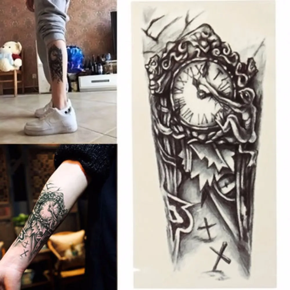 Men 3D Sexy Black Clock Tatoos Boys Temporary Large Mechanical Arm Sticker Fake Transfer Tattoo Chest | Красота и здоровье