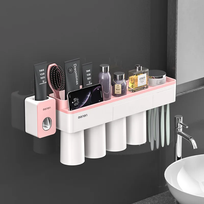 Plastic Automatic Toothpaste Squeezer Dispenser Free Toothbrush Holder Stand Set Wall Mount Cosmetic Family Bathroom Accessories - Цвет: Pink-41