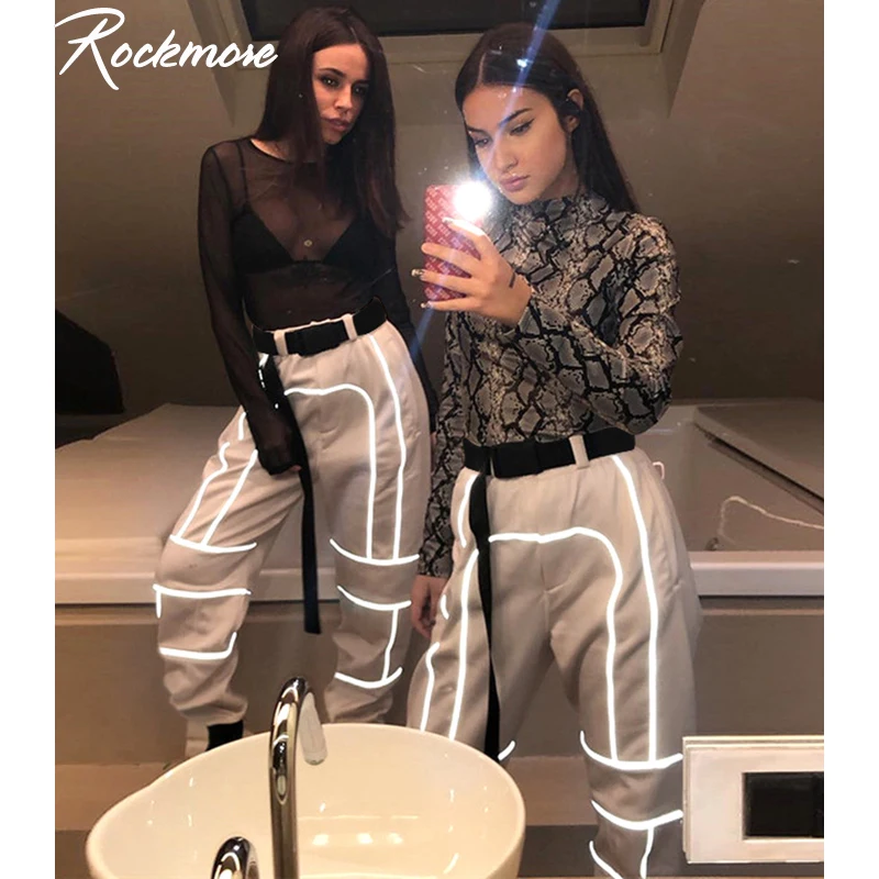Rockmore Светоотражающие полосатые брюки-карандаш с бантом на поясе для женщин, негабаритных бегунов, брюки с высокой талией, спортивные штаны, женские спортивные штаны