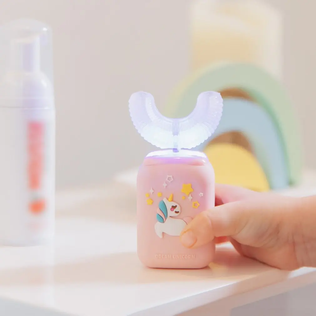 

Детская электрическая зубная щетка U-образной формы, милая Водонепроницаемая автоматическая ультразвуковая перезаряжаемая зубная щетка в виде единорога