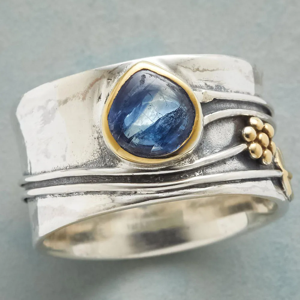 Vintage Boho Ring for Women Carved Flower Leaves Water Drop Crystal Inlaid Wide Face Finger Joint Jewelry Bohemian Gift | Украшения и