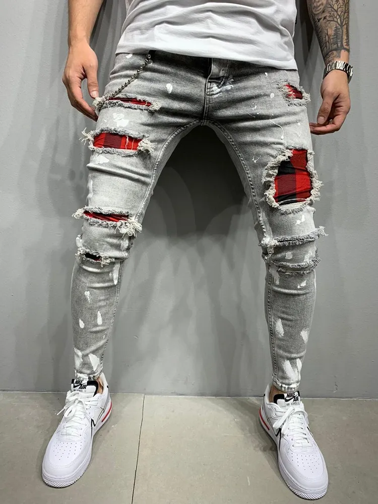 Men Oil Paint Ripped Jeans High Quality 