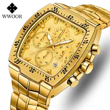 

WWOOR Luxury Gold Full Steel Watches Mens 2021 Sports Chronograph Quartz Wristwatch Square Fashion Waterproof Relogio Masculino