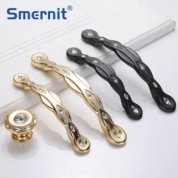 

Gold Door Handles and Knobs for Kitchen Cabinet Cupboard Zinc Alloy Diamond Crystal Furniture Handles Dresser Drawer Pulls Black