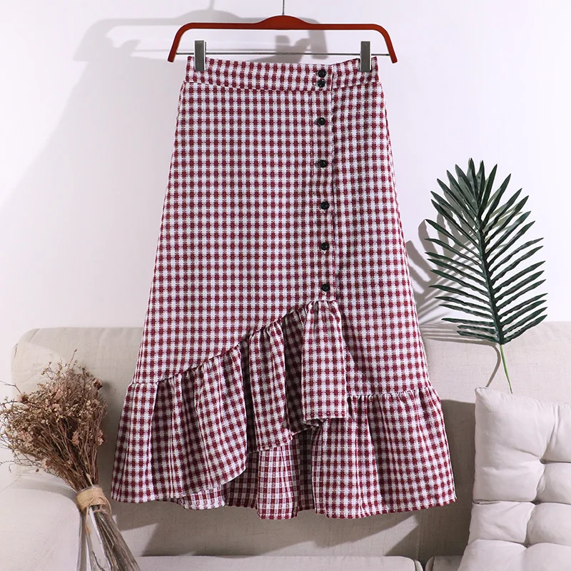 

Spring Korean Plaid Skirt 2020 New Elastic High Waist Slim Irregular A-Line Women Skirts Female Midi Skirt Faldas Mujer Moda